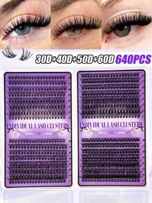 640/544/280 Clusters D Curl Manga Eyelash Set, Customized DIY Single Cluster False Eyelashes 10-16mm, Fluffy Dense 3D Russian Mink Fur Eyelashes, Dramatic Messy Makeup Effect, Portable And Easy To Use, Suitable For Daily, Cosplay, Stage Makeup - 黑色 - 查看 7