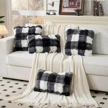Pack Of 2 Decorative Throw Pillow Covers Luxury Super Soft Faux Rabbit Fur Cozy Set Case Cushion For Couch Sofa Bedroom Checkerboard Print In Black/White Pillow Covers 20 * 26 Inch,26inchx20inch(Packof2),CheckerboardPrintinBlack/White - 黑白棋盤格圖案 - 查看 4