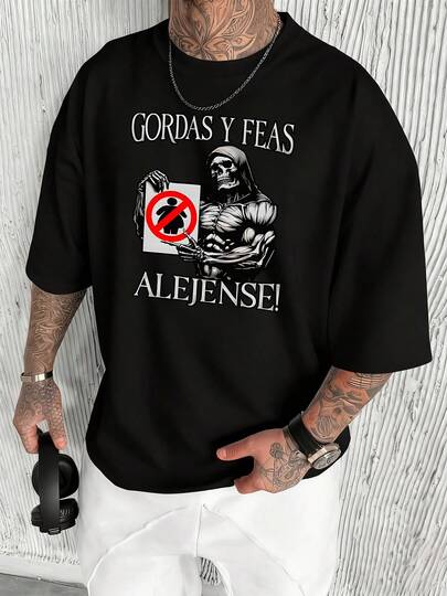 Calavera con mensaje de alejamiento de personas con sobrepeso un cráneo siniestro sosteniendo un símbolo de prohibición hacia siluetas femeninas con la frase Aléjense camiseta de hombre con gráfico atrevido y controversial 100% algodónHere is the same response translated to SpanishCalavera con mensaje de alejamiento de personas con sobrepeso un cráneo siniestro sosteniendo un símbolo de prohibición hacia siluetas femeninas con la frase Aléjense camiseta de hombre con gráfico atrevido y controversial 100% algodón