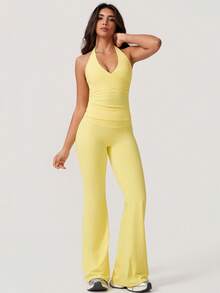 NcmRyu 1 Set Women's Sexy Halter Deep V-Neck Backless Shaping Flared Sports Suit - Yellow - View 9