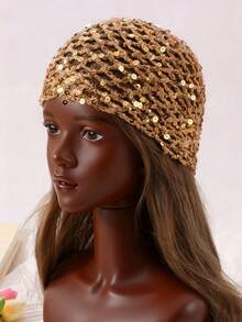 1pc Women's Fashion Hollow Crochet Sequin Beanie, Suitable For Everyday Wear,Hijab,Moños,Hijabs For Women,Diademas Mujer,Men Hats,Gorras Para Mujer,Ganchos Para El Cabello,Accesorios Para El Pelo,Hats,Lazos Para El Cabello,Cap For Women,Hat,Bucket Hat,Gorros,Gorro,Beanie Women,Beanies For Women,Christmas - Gold - View 1