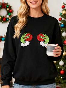 Sudadera para Mujer con Estampado de Manos Verdes y Globos Rojos de San Valentín, Sudadera de Cuello Redondo, Ideal para Fiestas de San Valentín, Regalo para Ella, Estilo Retro, Confortable y Suave, Adecuada para Uso Cotidiano y Eventos Festivos - Negro - Ver 1