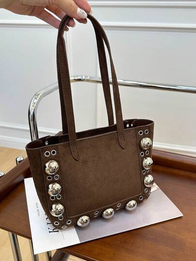 小号仿麂皮手提包，铆钉装饰，摩托车风格复古方形手提包，适合女士日常购物或通勤。