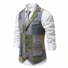 New Retro Patchwork Lapel Men's Suit Vest - Blue - View 2