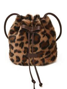 1pc Women's Colorblock Leopard Faux Fur Drawstring Bucket Bag, Fashion Bow Decor, Suitable For Commuting, Shopping, And Gift - Multicolor - View 7