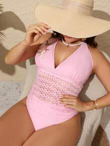 2pcs Iris Elegant Casual Embroidered Tankini Swimsuit, Summer Beach & Spa - Pink - View 8