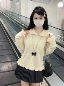 Cárdigan de punto con cuello Peter Pan y volantes, estilo coreano dulce y suave, para otoño/invierno - Albaricoque - Ver 3