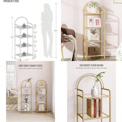 New Hzuaneri Bookcase Bookshelf Tempered Glass Bookshelves Slim Shelving Unit For Bedroom Bathroom Home Office Steel Frame 4 Tier Gold BC04001G
