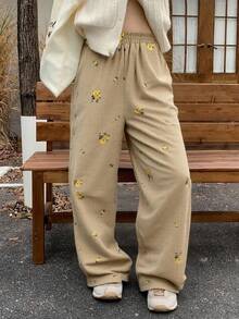 DAZY 女式棕色刺绣直筒裤，春季 - 卡其色 - 查看 2