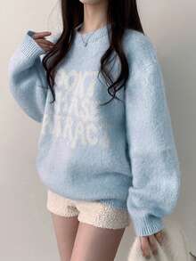 2025 Autumn/Winter Comfortable Letter Print Long Sleeve Pullover Sweater - Baby Blue - View 3