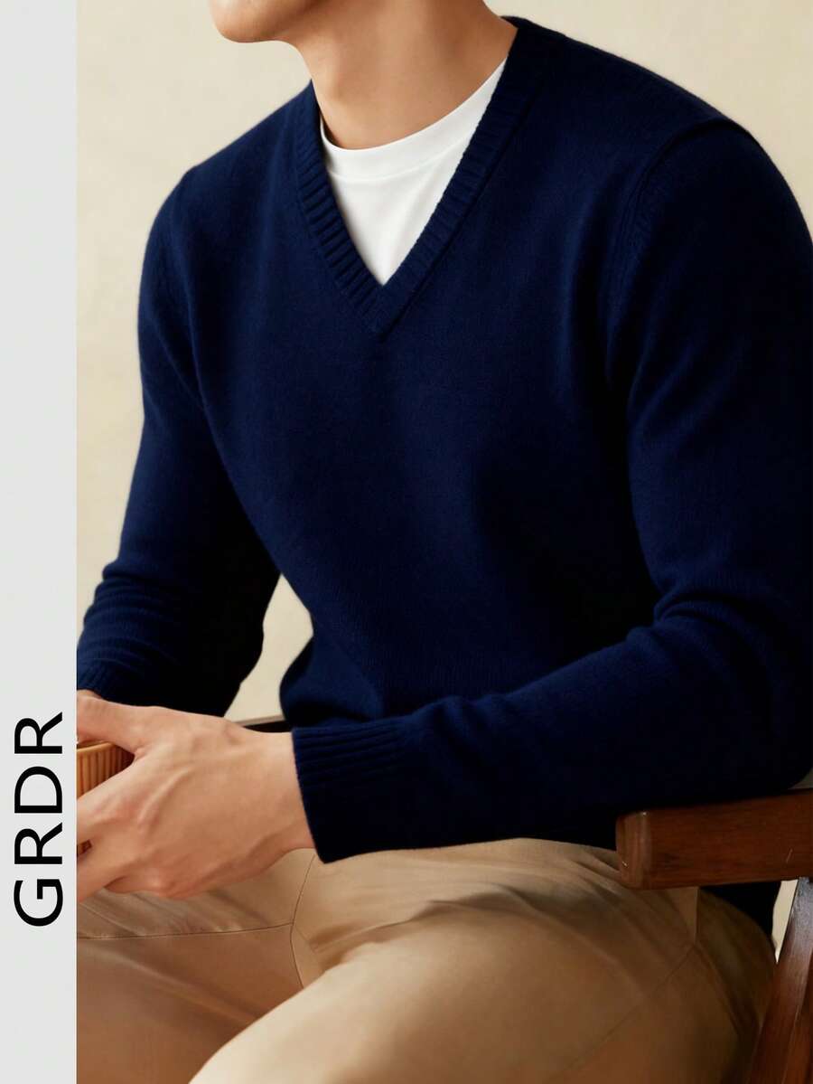 GRDR Men's Solid Color V-Neck Pullover Sweater, Casual Everyday Wear, Autumn/Winter