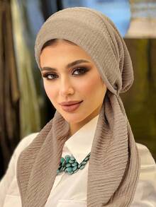 1 pieza Nuevo pañuelo musulmán de doble capa con cola arrugada, gorro turbante de unicolor para mujer - color - Ver 2