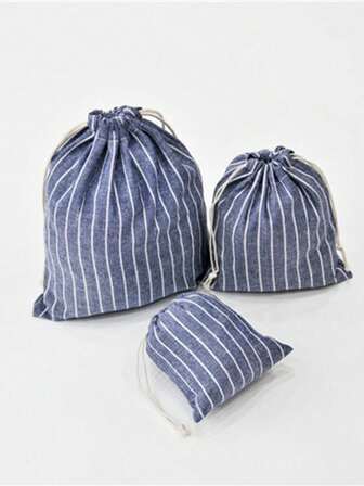 1pc Solid Color Simple Striped Cloth Bag Drawstring Bag Lightweight Home Commonly Used Cube Striped Storage Bag Gift Sundries Storage
