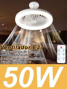 Ventilador de Techo con Luz y Control Remoto de 10.24 Pulgadas,Combinación de Ventilador LED de 50W y Bombilla, Luz LED Regulable, Ventilador Silencioso de 3 Velocidades, Instalación Fácil en Toma E27 para Garaje, Dormitorio, Sala de Estar/Oficina, Cocina, Armario, Almacén, Ático - Blanco - Ver 2