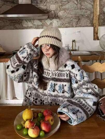 Vintage Thick Thermal Lined Jacket With Fur Collar For Women