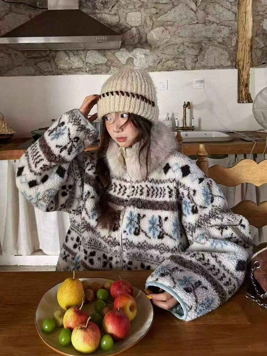 复古加厚保暖毛领女式外套 - 灰色 - 查看 1