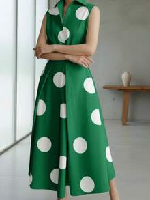 2025春秋新款休闲时尚通勤简约波点V领长款喇叭连衣裙，适合女性穿着，秋季，秋装，女士秋季连衣裙，女士秋季套装，秋季服装，商务休闲女装，商务休闲，复古女装，复古服装，商务休闲女装，女士办公室套装，女士职业装