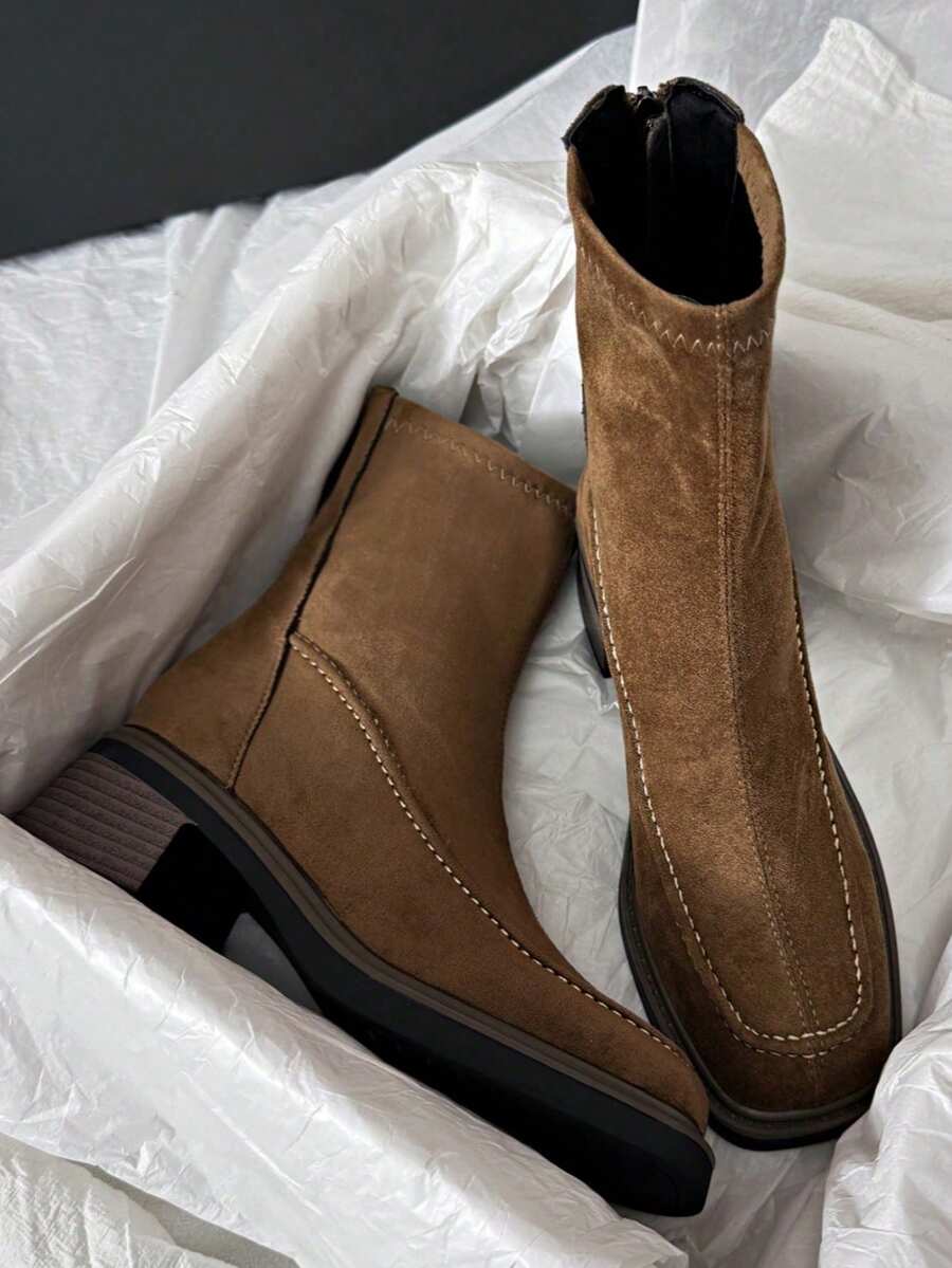 Retro Flat Chelsea Ankle Boots For Women, Low Heel, Versatile, Zipper Back, Spring/Autumn - Khaki - View 1