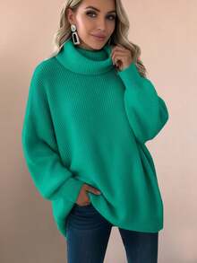 Femmes grande taille Mode simple Pull rose col montant manches longues, Top tricoté ample et décontracté, Convient pour la Saint-Valentin et le port quotidien - Bleu canard - Voir 2