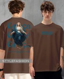 Religious T-Shirt Mary Full Of Grace Luke 1:28 Psalms God Phrase Jesus Christian Unisex Cotton Shirt - 鏽棕色 - 查看 2