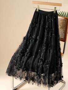 Midi Tulle Skirt With Elegant 3D Flowers - Various Colors - Sizes S To XL - 黑色1 - 查看 3
