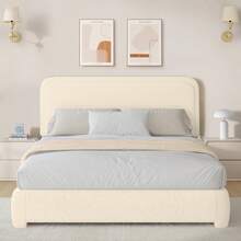 Twin/ Full/ Queen/ King Size Bed Frame, Boucle Upholstered Platform Bed With Headboard, Modern Style, Soft Rounded Corners, No Box Spring Required, Easy Assembly, Twin/ Full/ Queen/ King/ California King, Beige/ Grey/ Pink/ White/ Light Grey/ Black/ Green - 米色 - 查看 14