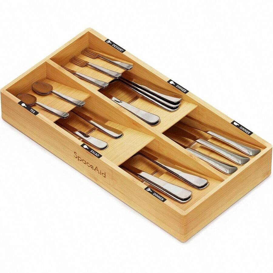 WSXC Bamboo Silverware Drawer Organizer With Labels Kitchen Utensil Tray Holder Organizer For Flatware Cutlery Spoon And Knives Drawer Storage Organization Natural 6 Slots - Natural - View 1