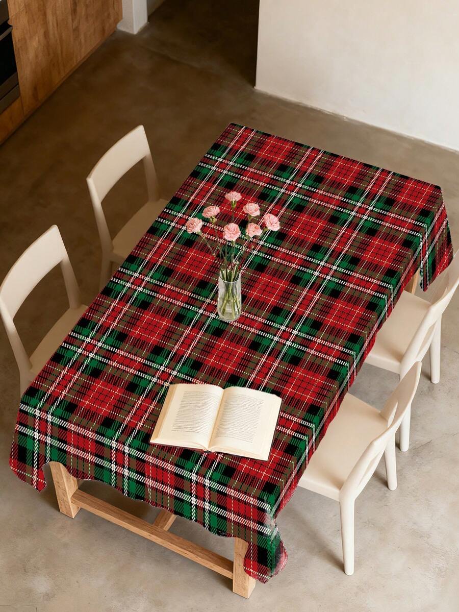 1pc Dual-Color Plaid Decorative Tablecloth, Washable, Soft & Durable, Plaid Pattern Print, Digital Printing Technique, Versatile Tabletop Decor, Multiple Sizes Available, Suitable For Dining Room, Desk, Rectangular - Red - View 1