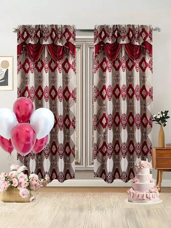2pcs Vintage Elegant Jacquard Pattern Semi-Sheer Curtains, Modern All-Season Design, 100% Polyester, Light Filtering, Rod Pocket, Easy Hanging, Suitable For Kitchen, Laundry Room, Bedroom, Study, Living Room