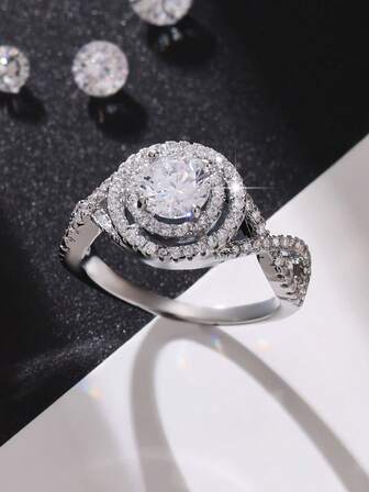 1pc Elegant Shiny Round Synthetic Zirconia Engagement Ring, Suitable For Women, Luxurious Romantic Design, Suitable For Proposal, Engagement, Wedding, Perfect Choice For Anniversary, Birthday, Thanksgiving, Christmas Gift