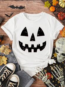 Camiseta Manga Corta Cara de Calabaza en Camisa Blanca Cuello Redondo Casual Blanco Para Mujer - Blanco - Ver 1