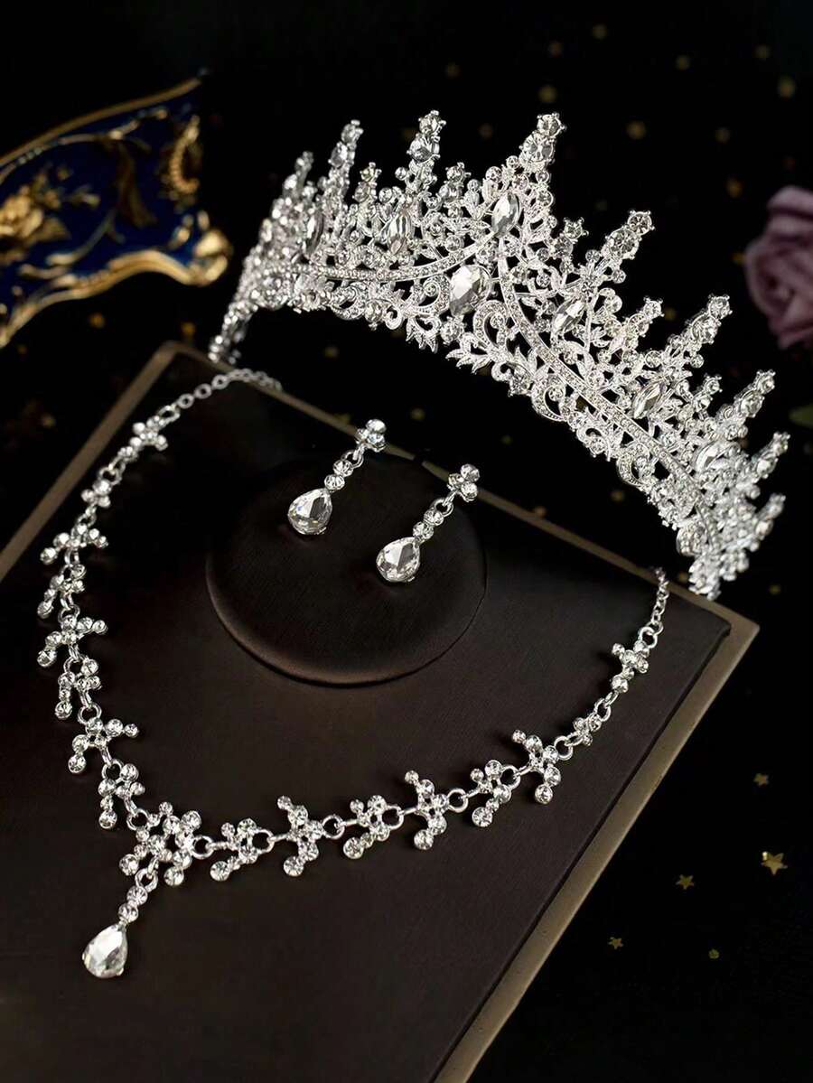 一套新娘配饰 - 红色水钻皇冠、项链、耳环(4件套),婚礼首饰套装,适合搭配婚纱、舞会、派对 - 23385銀色 - 查看 1