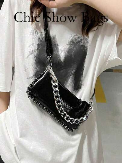Classic Fashionable Personalized Chain Shoulder Bag Simple And Versatile Solid Color Elegant Foreign Style Lightweight Adjustable Shoulder Strap Crossbody Bag Suitable For Street Shooting Parties Work Commuting And Shopping.