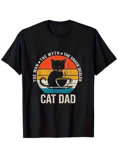 1pc Camiseta Vintage para Hombre de Gato Papá - Camiseta Gráfica Divertida de Gatos con Taza de Café y Colores Retro del Amanecer - Tela Suave y Transpirable, Camiseta de Ajuste Regular para Amantes de los Gatos, para el Día a Día y Ocasiones Especiales - Regalo Ideal para Papá, Regalos para Papá Gato, Ropa Casual, Diseño Juguetón, Material No Transparente