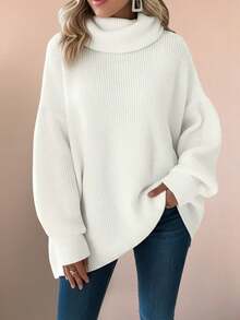 大码女式时尚简约粉色高领长袖套头毛衣，宽松休闲针织上衣，适合情人节和日常穿着 - 白色 - 查看 1