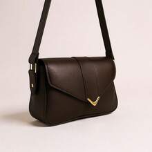 Women's Shoulder Bag With Gold Details. Envelope Bag With Magnetic Closure. - 咖啡 - 查看 4