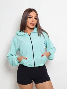 Women's Windbreaker Jacket With Pocket, Casual Fabric, Zipper, Pocket. - 淺綠色 - 查看 1