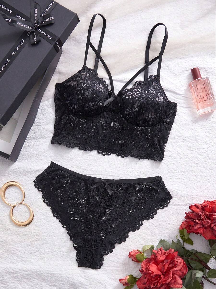 Alluring Luxury Middle Eastern Style Black Lingerie Set, Exquisite Lace Details Make You Shine Sexy Underwear Set - Black - View 1