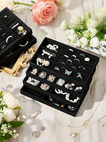 9pcs/1pc Velvet Jewelry Tray, Jewelry Dish, Multi-Functional Storage Box, Large Capacity Jewelry Organizer With Independent Compartments, Stackable Jewelry Rack, Suitable For Earrings, Necklaces, Bracelets, Rings, Hair Clips, Hair Bands, Etc. Valentine's Day Velvet Jewelry Tray - Black - View 12