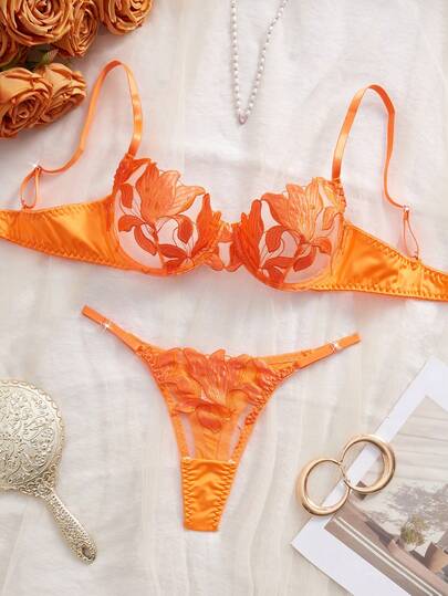 Elegant Orange Floral Embroidery Sexy Lingerie Set