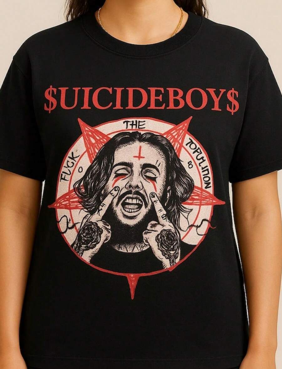 Suicideboy Pentagram Graphic T-Shirt _ Gothic Rap Hip-Hop Streetwear Concert Fan Merch Tee - màu đen - Xem 1