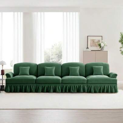 Elegant Large 4-Sitzer Sofa In Mid-Century-Style With Chenille With Trichter-Armlehnen, Abnehmbarer Rüschenschürze & Spindelförmigen Beinen – Comfortable Wohnzimmer-Sofa,Grün