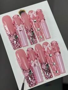 10 móng giả cao cấp, thanh lịch, kiểu dáng nữ tính, được vẽ tay tỉ mỉ, họa tiết nơ 3D, đính đá lấp lánh, kiểu Pháp, thích hợp để dự tiệc sinh nhật bạn bè, dạ hội hóa trang, Giáng sinh và lễ hội. - Hồng - Xem 4