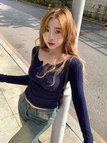 Camiseta corta de manga larga acanalada de ajuste ceñido, estilo minimalista y casual para primavera - Azul Marino - Ver 3