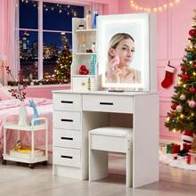 Large Dressing Table 5 Drawers Make Up Desk Set With LED Mirror Vanity Table - White - View 6