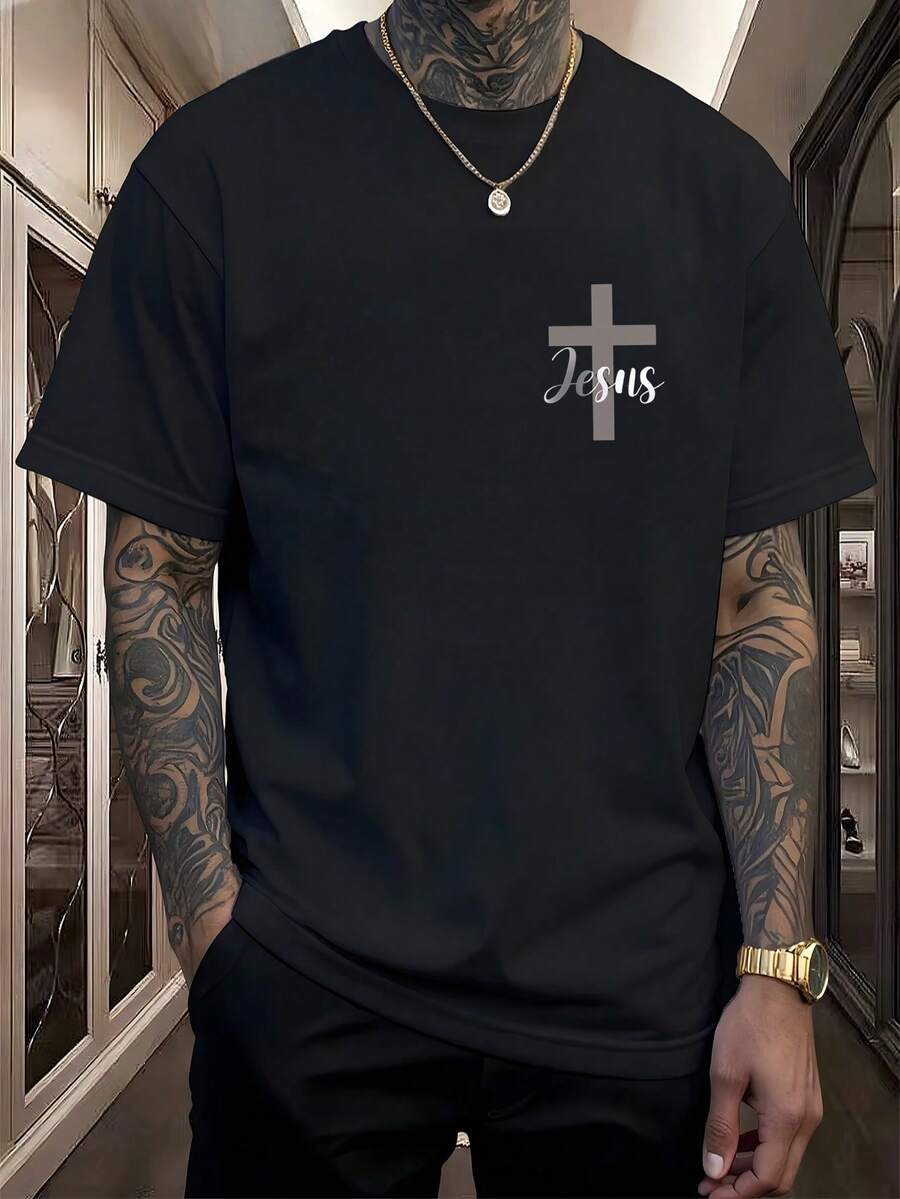 Camiseta de hombre, playeras de hombre religiosas, camiseta negra  2025, cuello redondo manga corta, camiseta estampada cruz Jesús, camiseta casual espiritual, ropa de hombre ocio, diseño cristiano, tela suave, ideal para reuniones religiosas, regalos para hombres creyentes, super ofertas México,  nacional,ropa de hombre,parejas,envio nacional,regalo para hombre,oversize hombre. - Negro - Ver 1