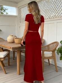 2025 春夏新款优雅时尚女装两件套：衬衫和裙子 - 酒紅色 - 查看 4