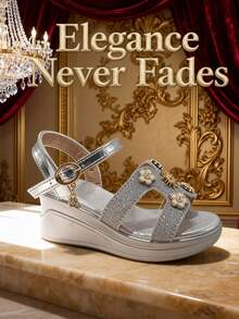 Girls' Fashion High Heel Sandals, Silver Flower Decor, Sweet Silver Flower Pendant Princess Sandals - Silver - View 6