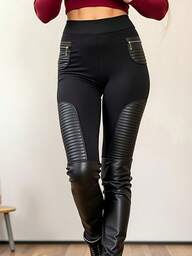 Bleistifthose in Großen Größen mit hoher Taille, elastischem einfarbigem und PU Patchwork Design