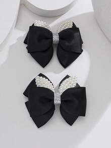 2入組小女童蝴蝶結和人造珍珠裝飾時尚髮夾日常裝飾 - 黑色 - 查看 4